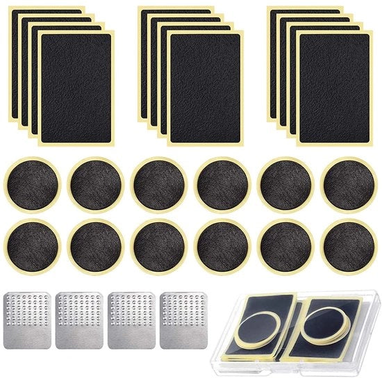 Kit di riparazione pneumatici per bicicletta 28 pezzi - senza adesivo - serpentina autoadesiva - pezzi di gomma - raschietto metallico - utile per uso domestico - kit di riparazione pneumatici