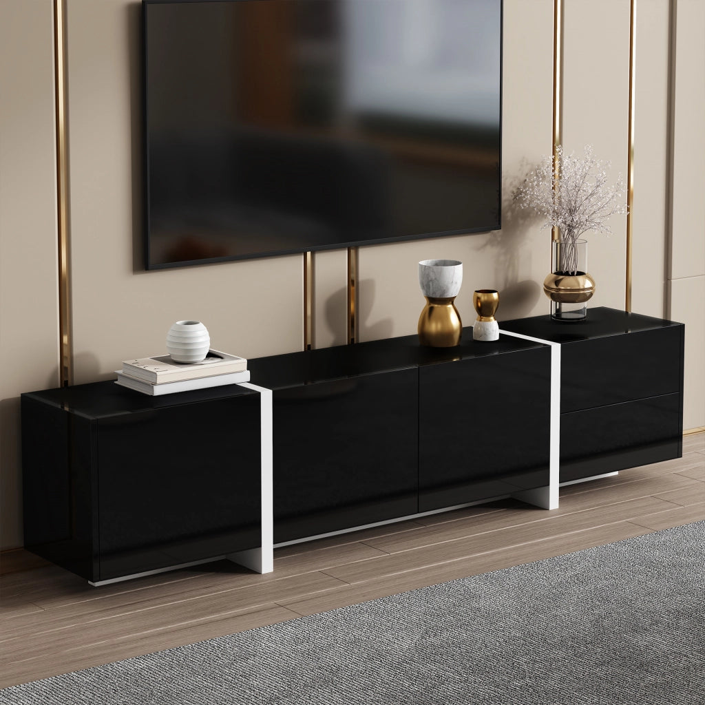 Cassettiera per TV nera e bianca in truciolato; lunghezza 170 cm