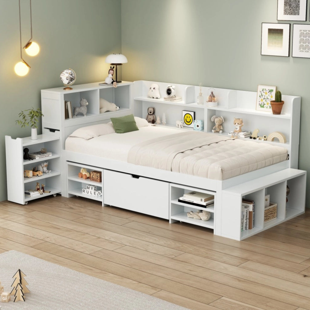 LETTO Multifunzione 90x200 cm Bianco con cassetti e libreria