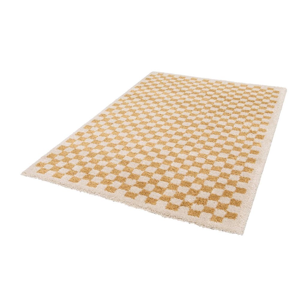Tappeto interno a scacchiera shaggy in giallo senape e crema