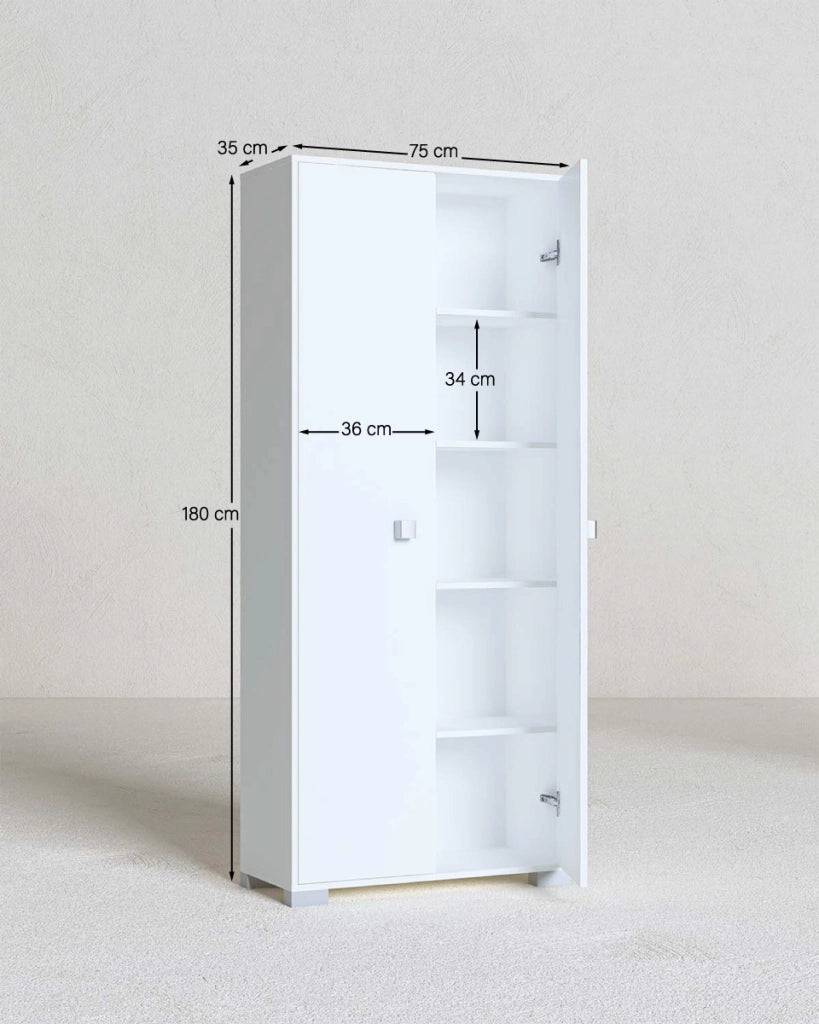 Armadio multiuso Clara 2 ante - Mobile contenitore dispensa salvaspazio - Colore Bianco - 5 ripiani interni - 75x180x35 cm_