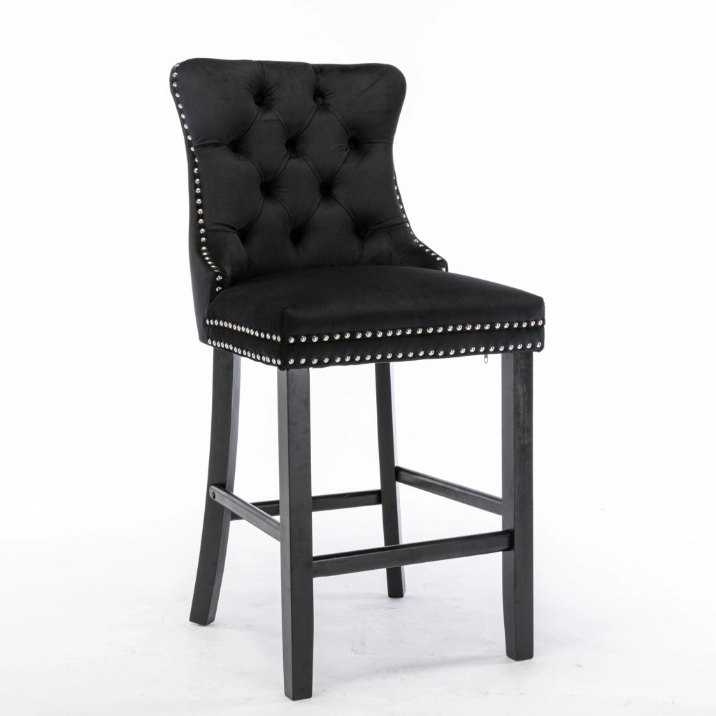 Sgabelli da Bar in Velluto con Gambe in Legno e Bottoni ¨C MINIMAL ¨C Set 2, Nero