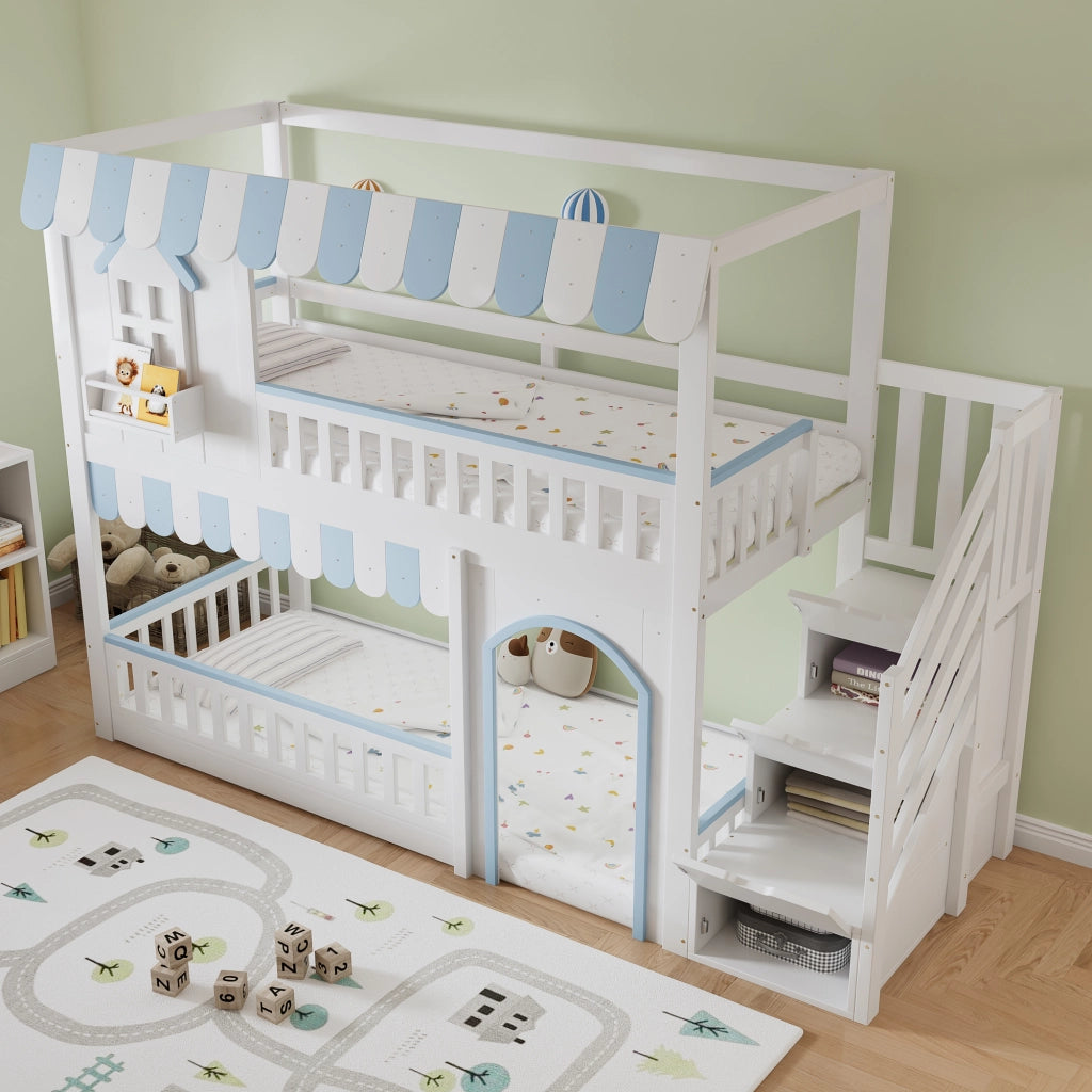 LETTO A CASTELLO per bambini 90x200 cm Bianco+Blu con scala contenitore
