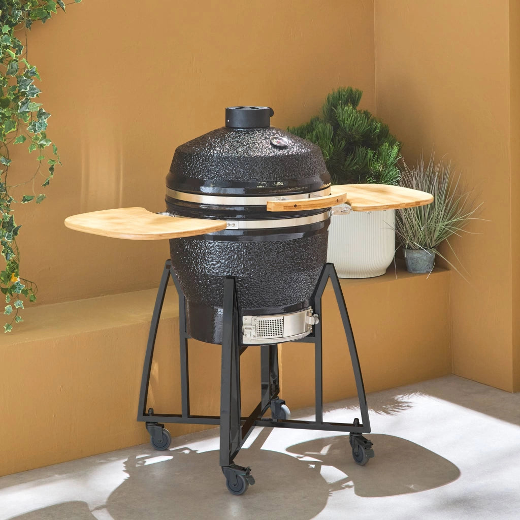 Barbecue a carbone, griglia e affumicatore, ceramica 54,5cm con ruote,