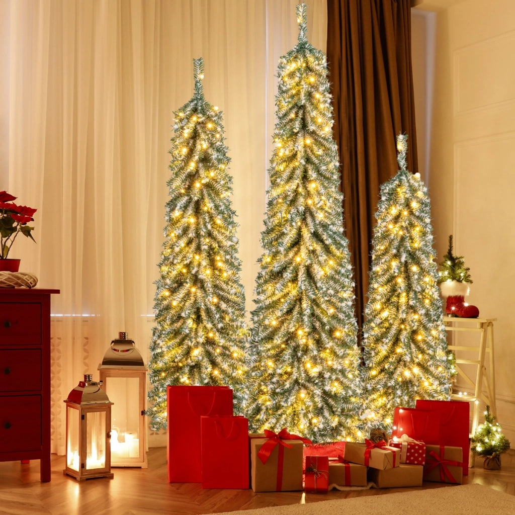 Set Alberi di Natale artificiali da 120/150/180cm, Alberi di Natale a matita con neve accumulata realistica