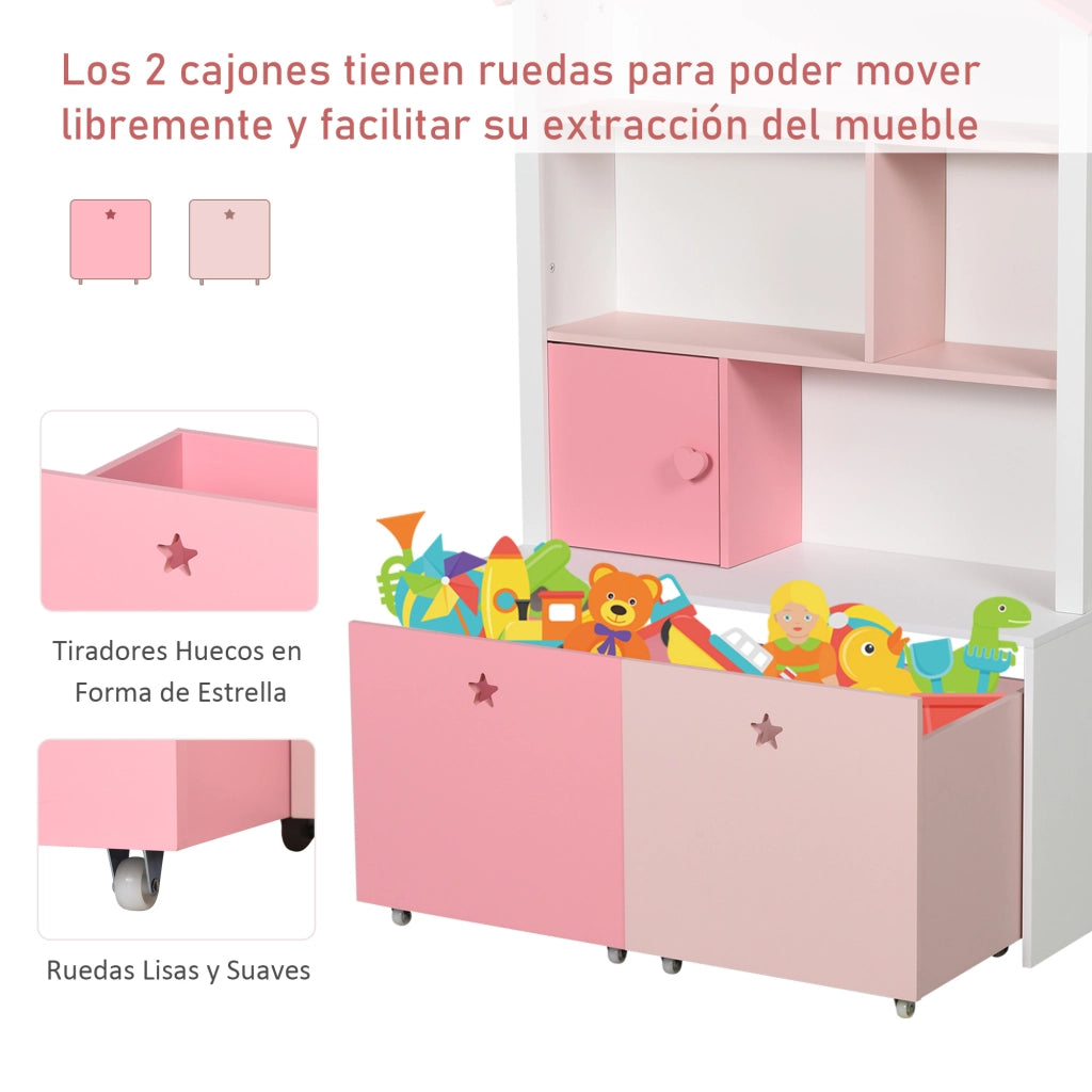 Libreria per Bambini con 4 Ripiani, 1 Anta e 2 Cassetti ¨C Minimal ¨C 80x34x130 cm Rosa e Bianco