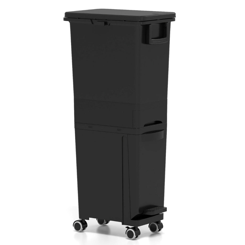 Bidone di spazzatura con cestino inclinato con 2 scomparti superiori, Pattumiera con pedale in plastica per cucina Nero-Organizzazione della cucina