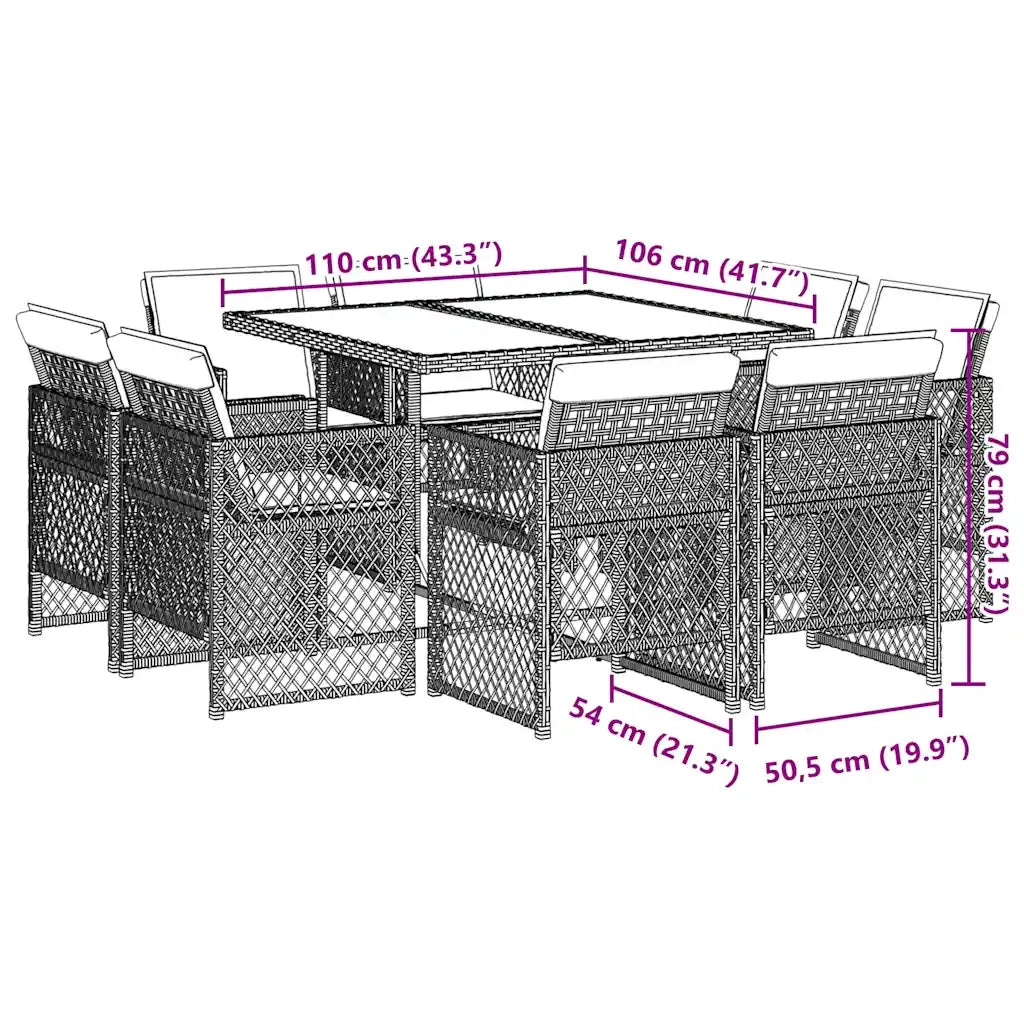 Set da Pranzo da Giardino 9 pz con Cuscini Nero in Polyrattan 3210843