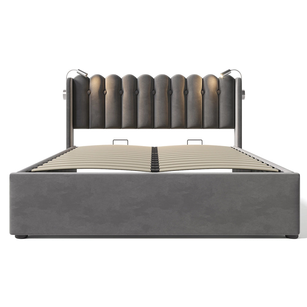 Letto a cassone imbottito - Xylo - 160x200 cm - Grigio - Caricamento e due luci da lettura