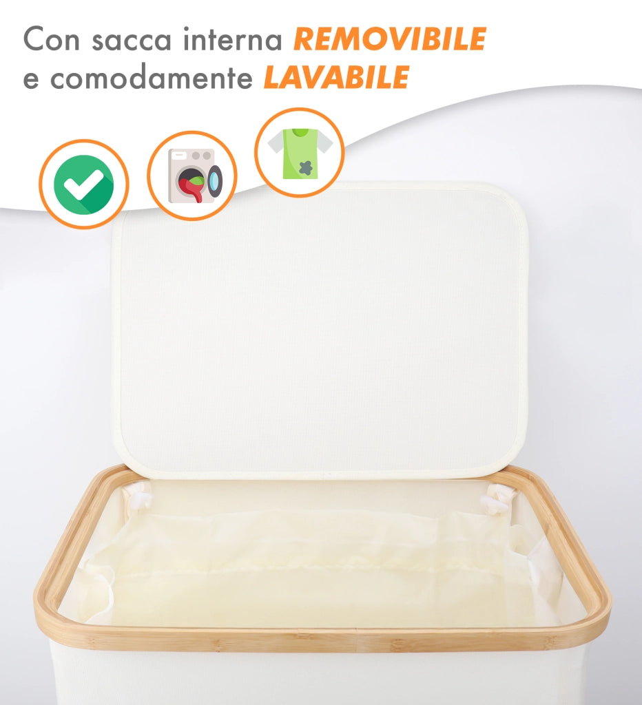 Cesto Portabiancheria Con Coperchio Cesta Bucato 100L Con Sacco Interno Removibile Tessuto Oxford Manici In Bambù Pieghevole Grande Biancheria Sporca - Bianco