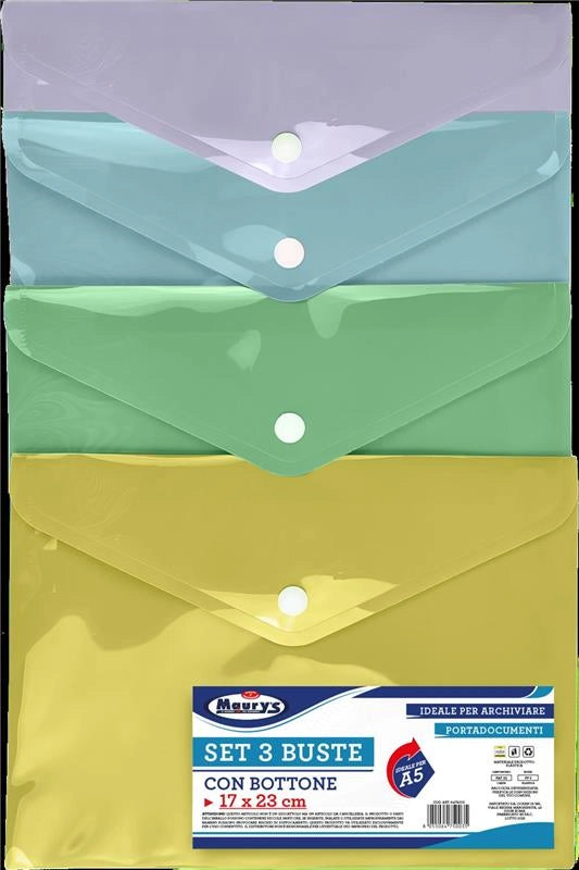 MAURY'S BUSTE PORTA DOCUMENTI CON BOTTONE IN FORMATO A5 CONFEZIONE DA 3 PEZZI