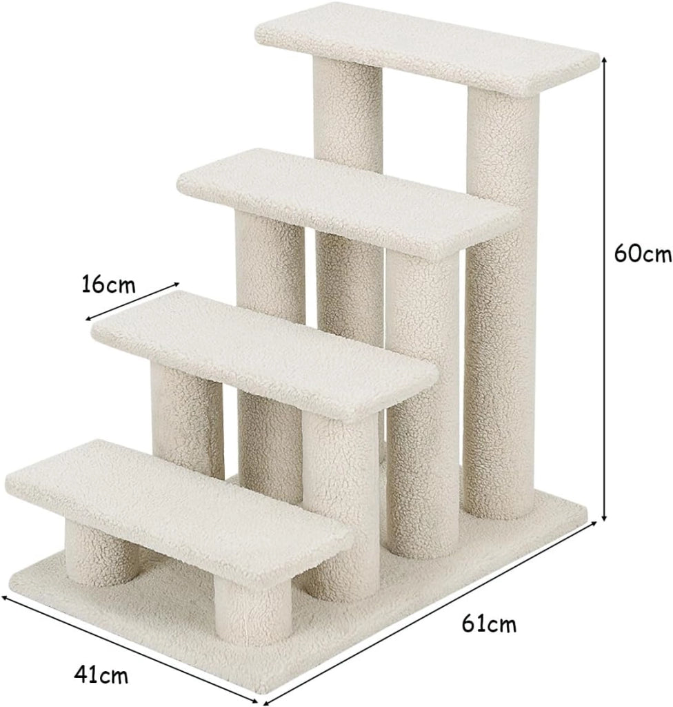 Scaletta per Cani e Gatti con 4 Gradini, Scaletta per Gatti di Taglia Piccola, Tiragraffi per Gatti a Forma di Scala, Rivestita in Tessuto Morbido, 41 x 61 x 60 cm (Bianco)