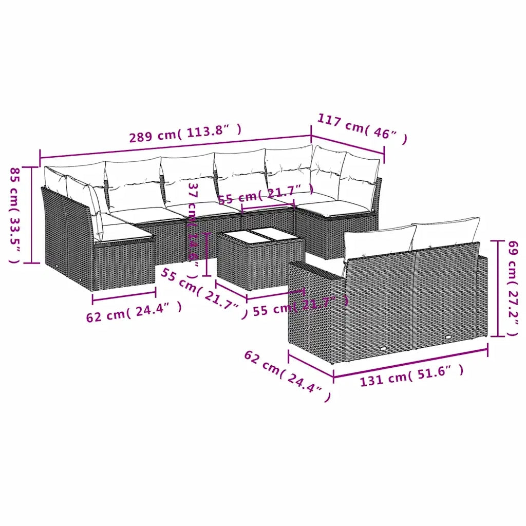 Set Divani da Giardino 10pz con Cuscini in Polyrattan Marrone 3219424