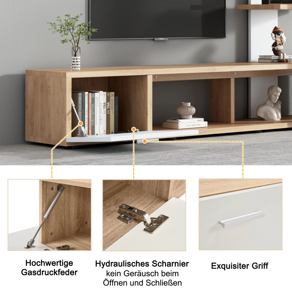 Cassettiera per TV bianca e legno; truciolato; lunghezza 180 cm