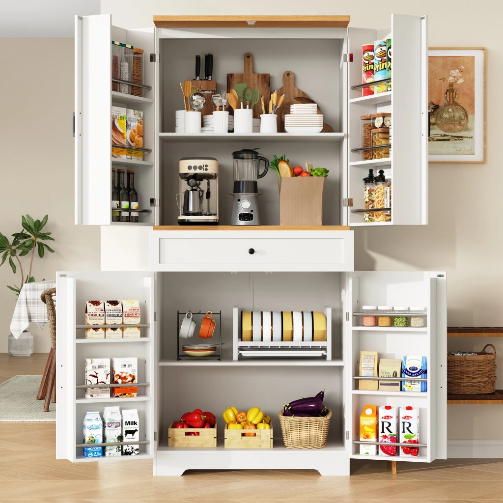 OKWISH Credenza Alta da Cucina con Ripiani Aperti e Cassetti, Sistema Antiribaltamento, MDF, Bianco, 80 x 40 x 180 cm