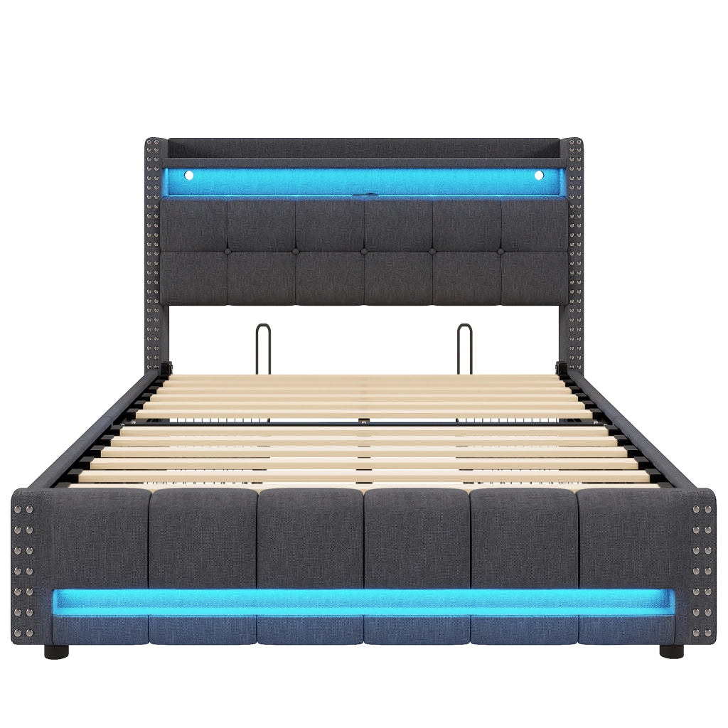 LETTO imbottito 160x200 cm Grigio con LED, USB, cassetti e ripiani