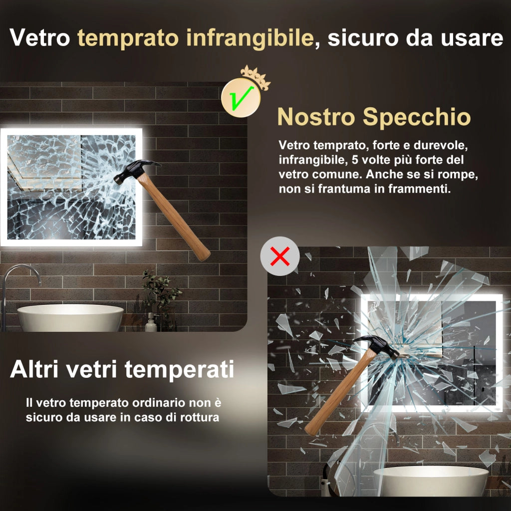 specchio rettangolare 60x50 cm con luce led, antiappannamento e touch