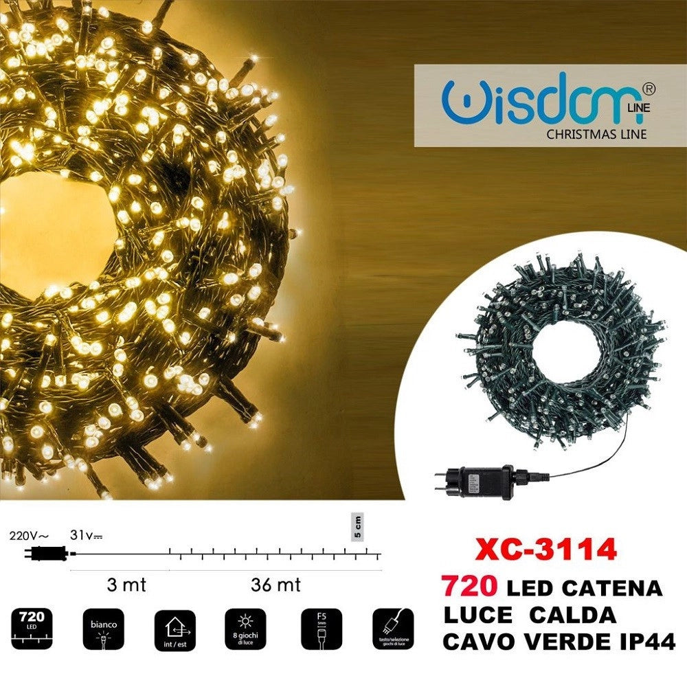 Trade Shop - Catena Luminosa 720 Luci Led Lucciole Luce Calda Cavo Verde Ip44 Xc-3114 -