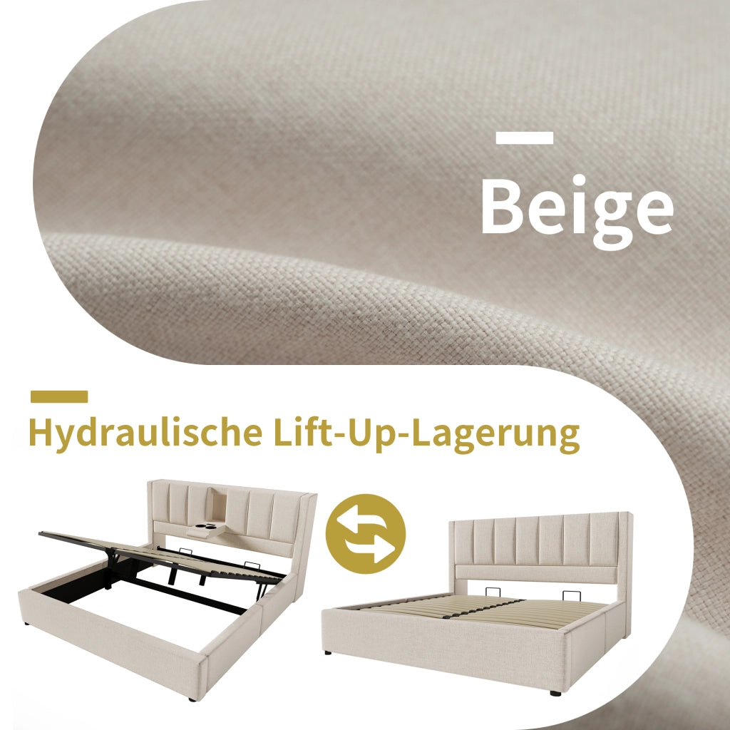 LETTO Contenitore 160x200 cm in lino beige con USB e portabicchieri