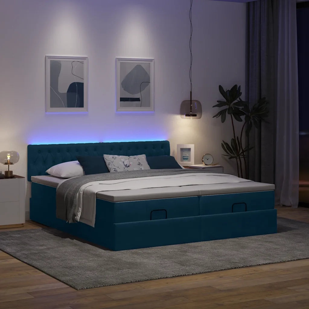Pouf Letto con Materassi e LED Blu Scuro 200x200cm Velluto