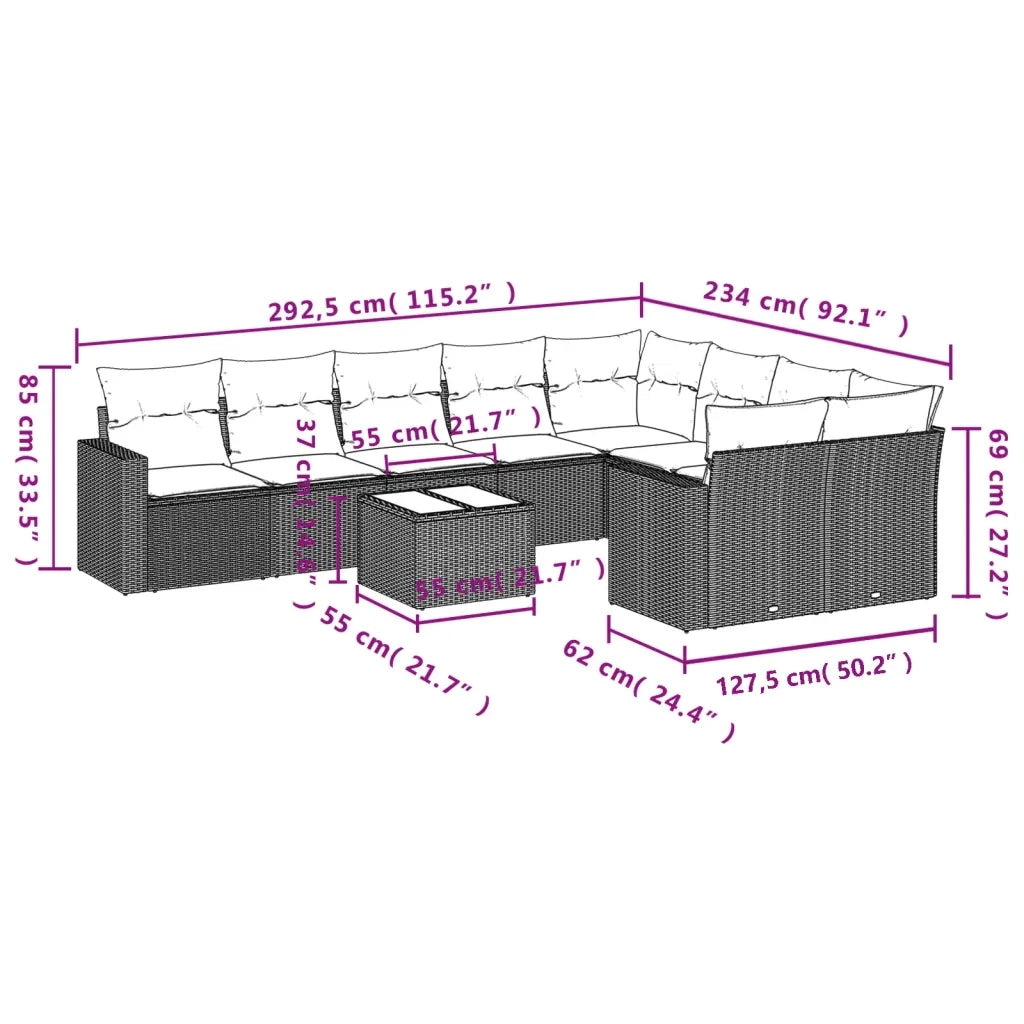 Set Divano da Giardino 10 pz con Cuscini Beige in Polyrattan 3219439