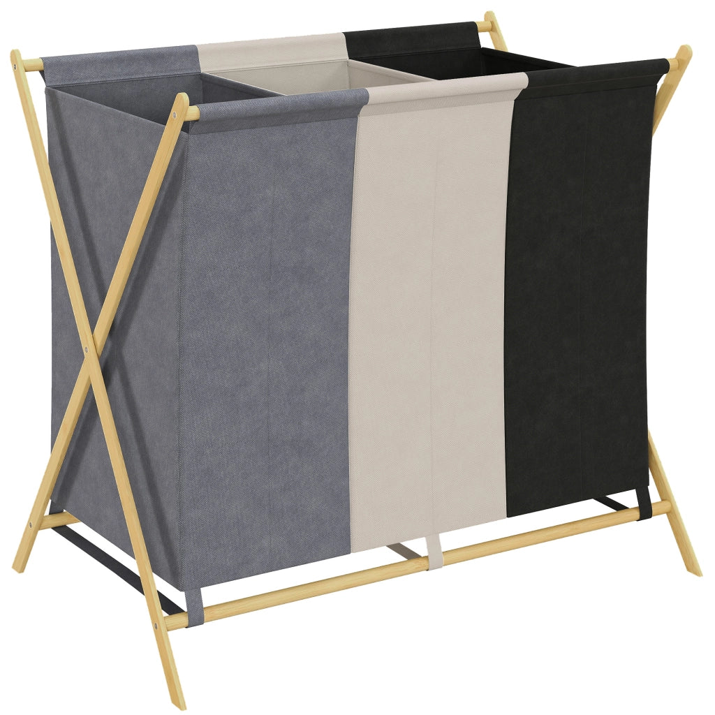 Cestino per Biancheria Pieghevole con 3 Compartimenti ¨C Minimal ¨C Bamb¨´ 129L