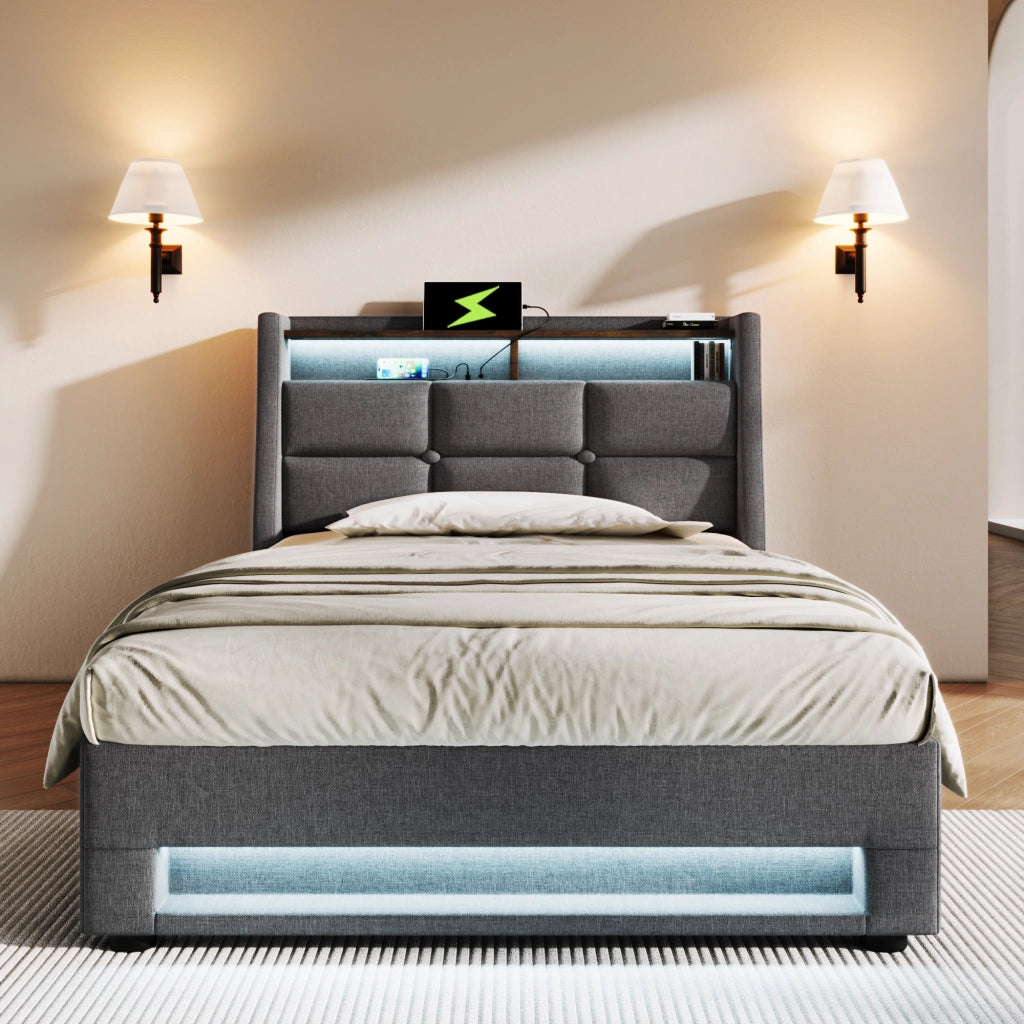 LETTO Imbottito 90x200 cm con USB e LED, tessuto lino grigio
