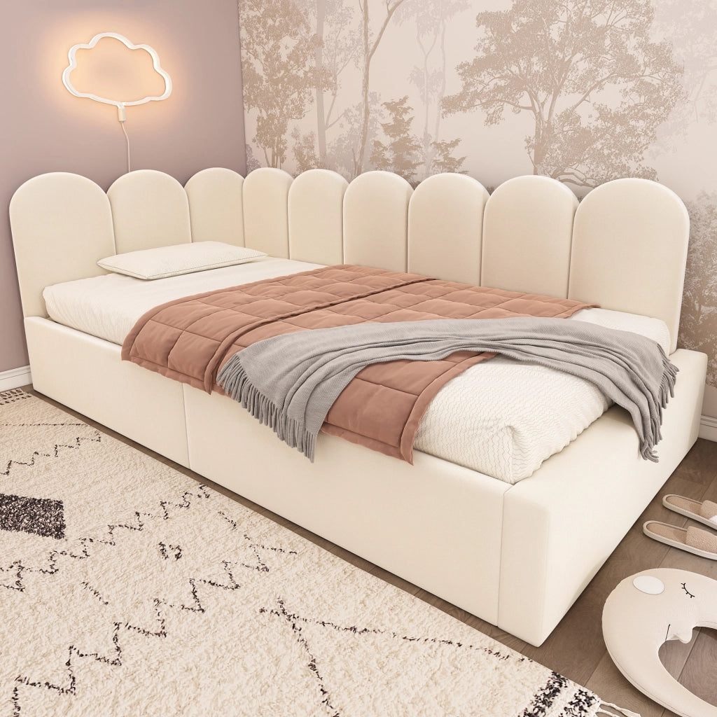 OKWISH Letto a Divanetto Singolo con Contenitore, Vano Contenitore Idraulico e Testiera, 190×90 cm, senza Materasso, Velluto, Beige