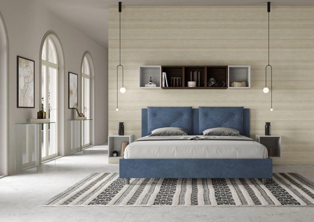BS COM Letto con rete imbottito 180x200 microfibra blu