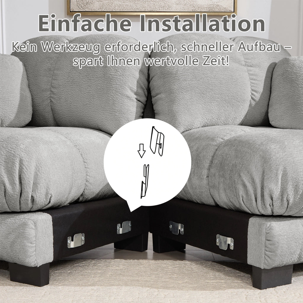 Divano panoramico a U 3 posti con pouf mobile e 2 cuscini, Chenille, Grigio chiaro
