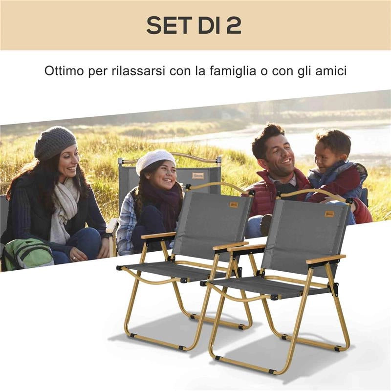 SET 2 SEDIE PER ESTERNI PIEGHEVOLI CON BRACCIOLI IN TESSUTO OXFORD E ACCIAIO GRIGIO