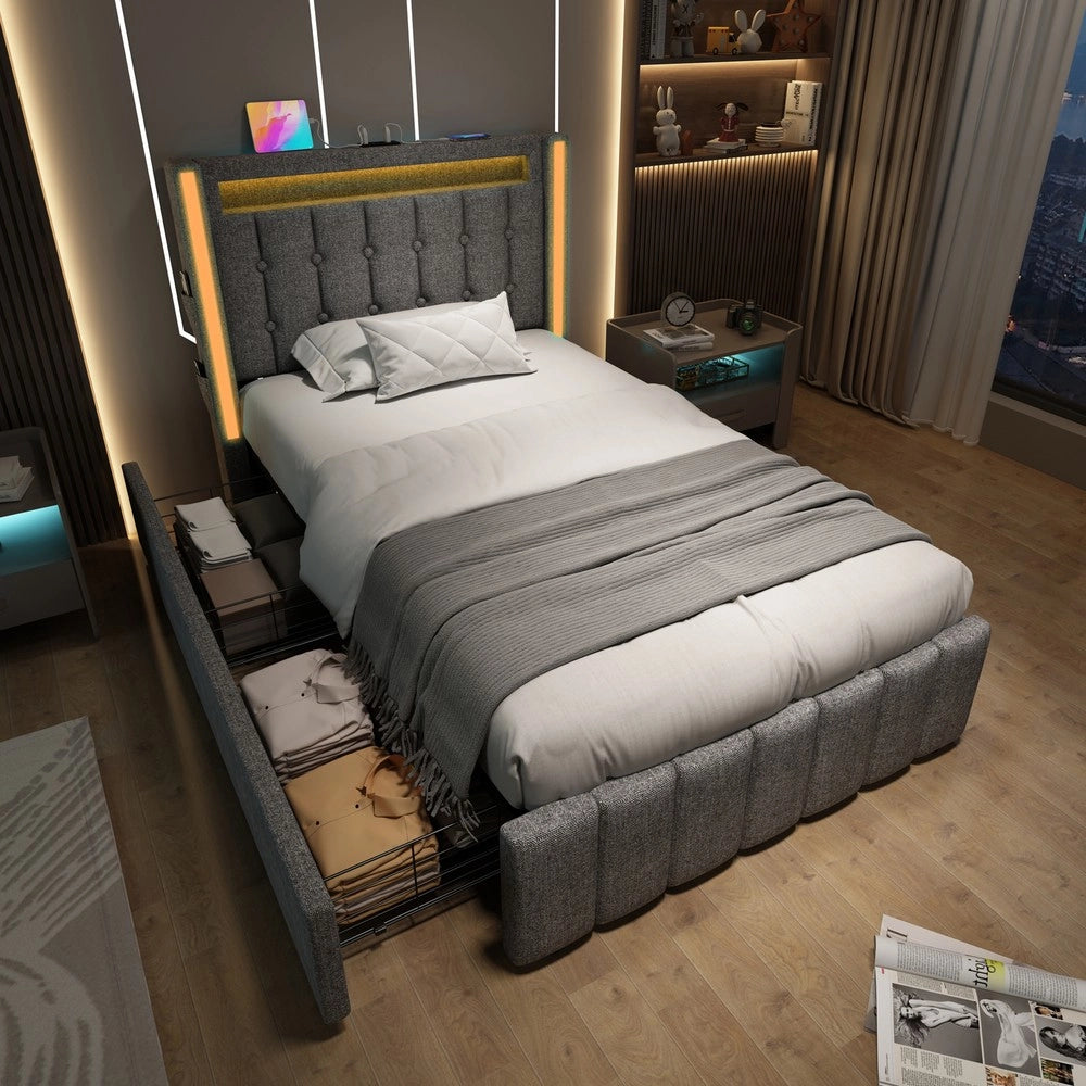 Letto Imbottito con LED, USB e 2 Cassetti ¨C MINIMAL ¨C Grigio 90x200 Singolo