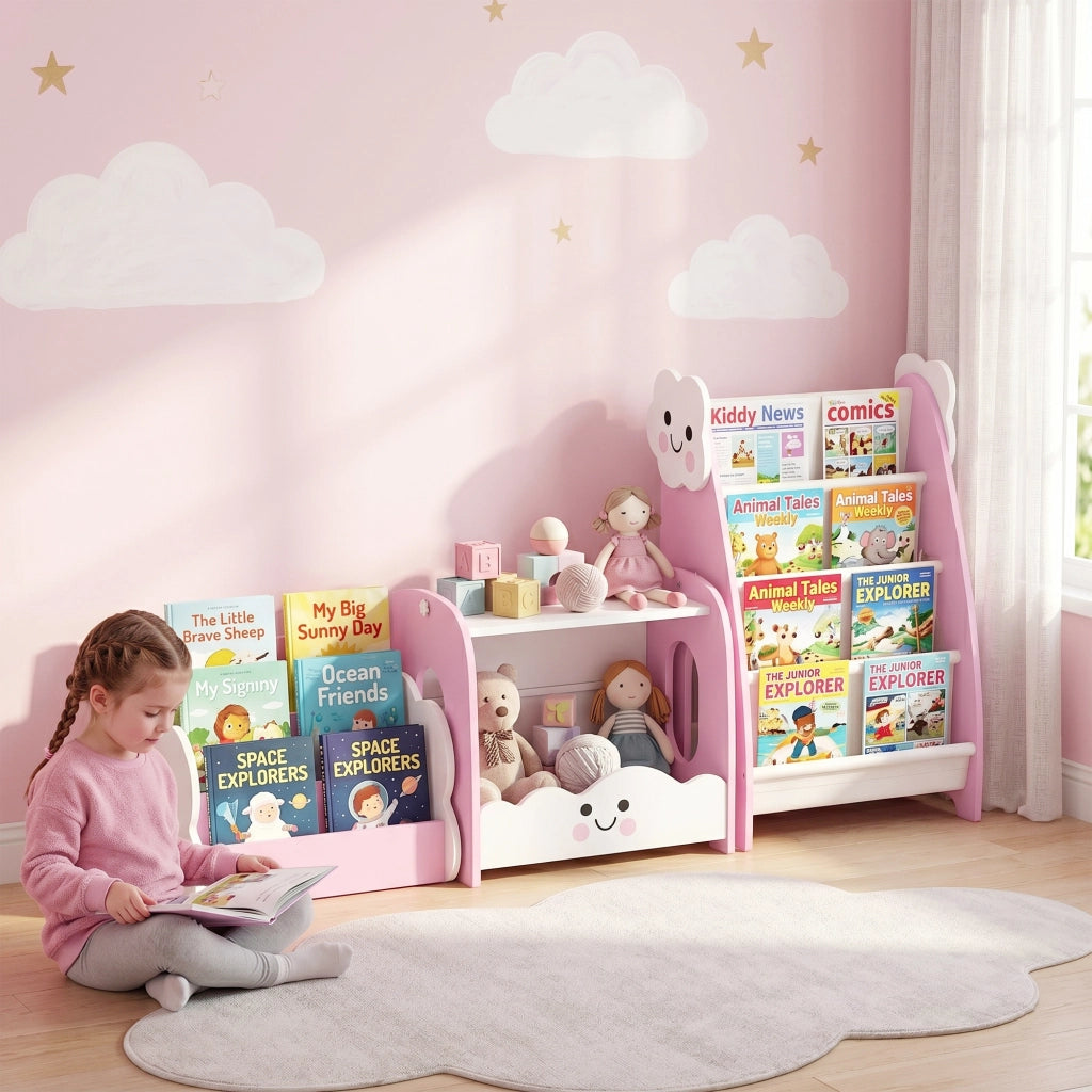 Libreria Bambini con Ripiani e Tasche ¨C Minimal ¨C Rosa 80x30x60 cm