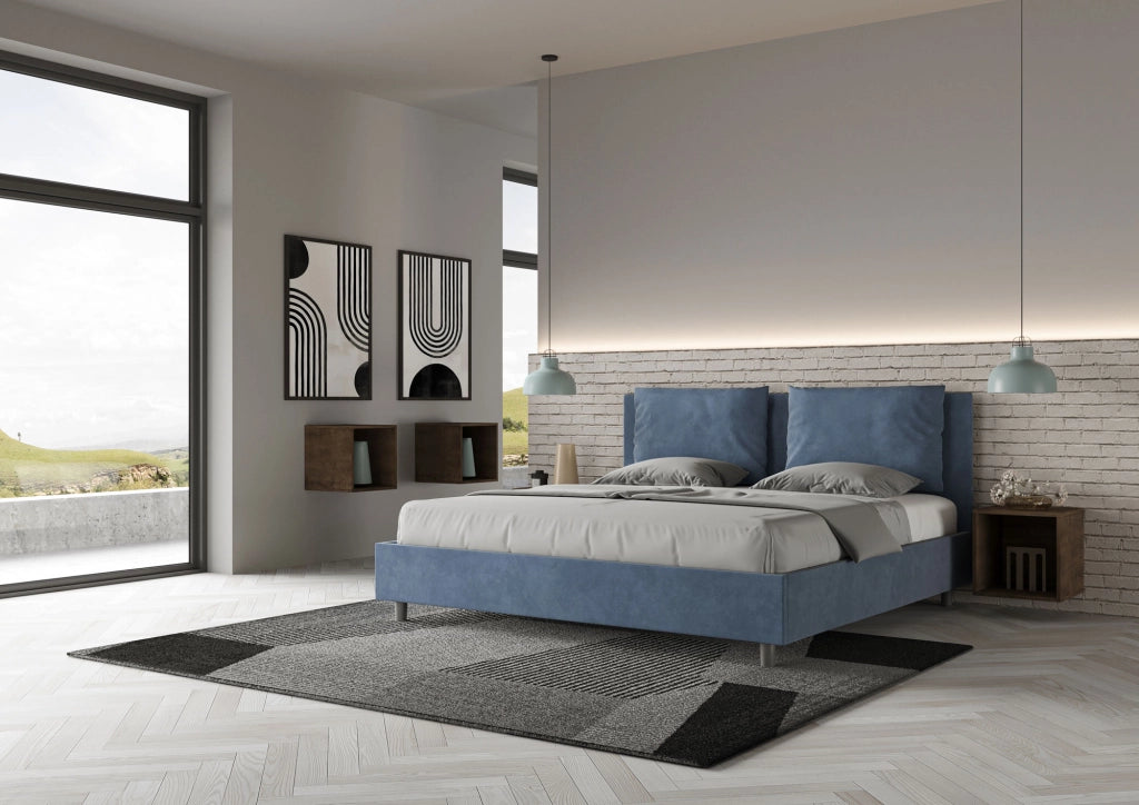 BS COM Letto senza rete imbottito 180x200 microfibra blu