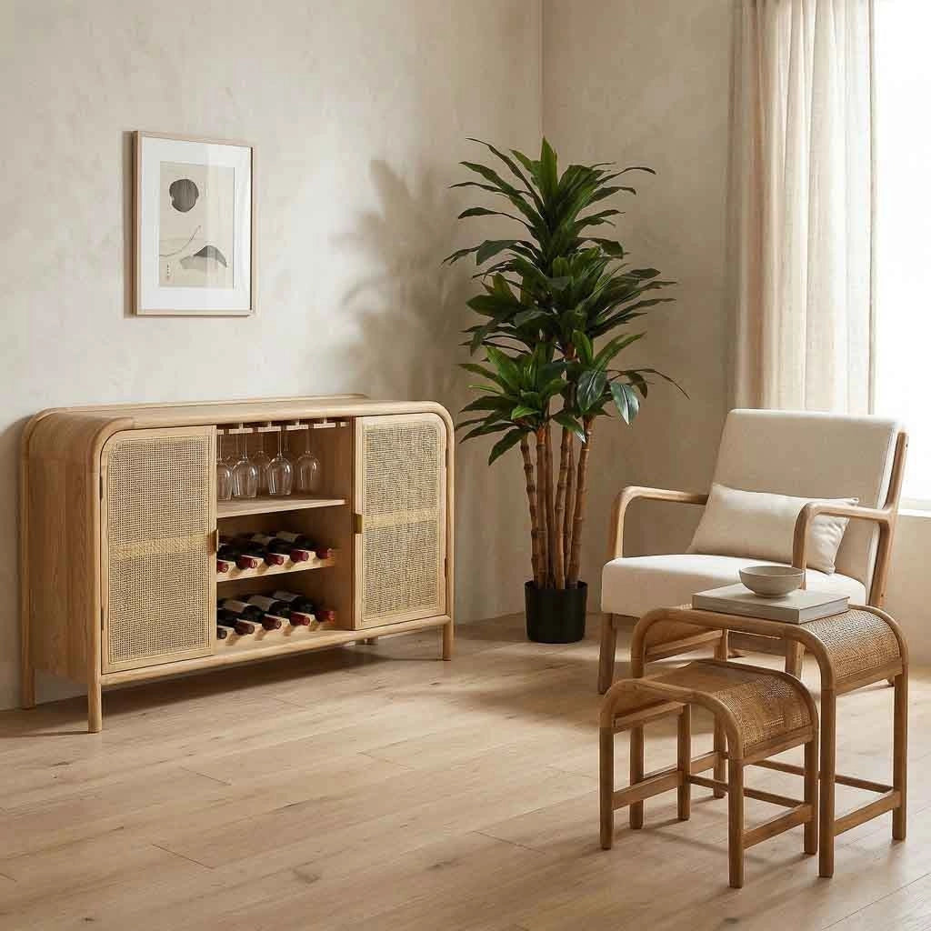 Credenza in legno e rattan marrone 130x39x80h cm