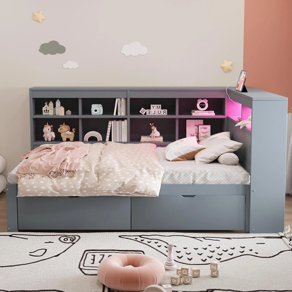 Divano letto legno 90x200cm - Xylo - grigio, USB/LED, ripiani, spazio