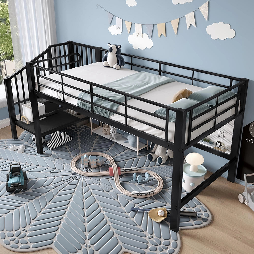 Letto mezzanino 90x200cm - Xylo - scala ripostiglio nero