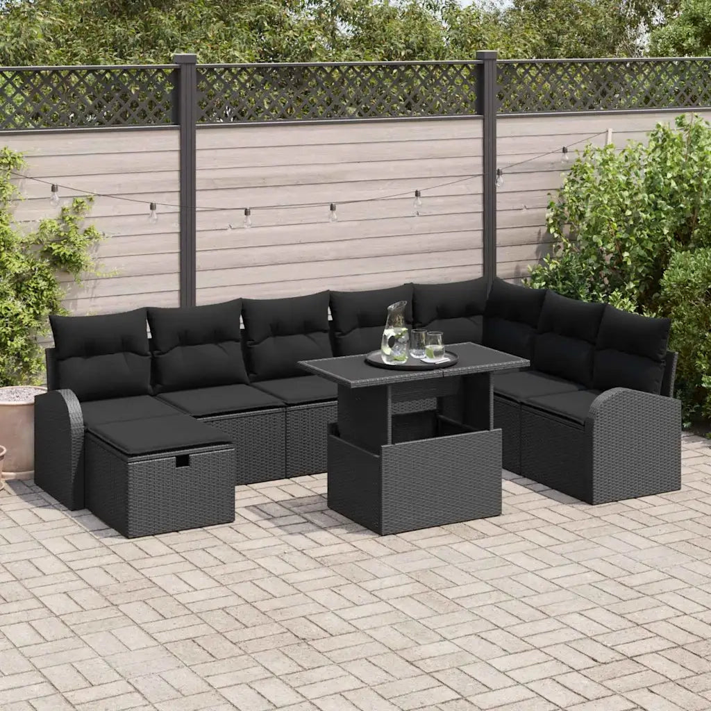 Set Divano da Giardino con cuscino 9 pcs Nero Poly Rattan