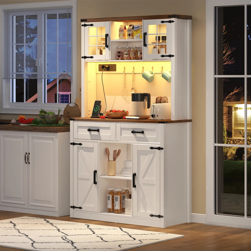 Mobile Bar con LED e Prese, Buffet Cucina con Cassetti e Ripiani ¨C MINIMAL ¨C Bianco