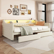 Letto con cassetti 90 × 200 cm con rete a doghe LED USB in lino e MDF beige