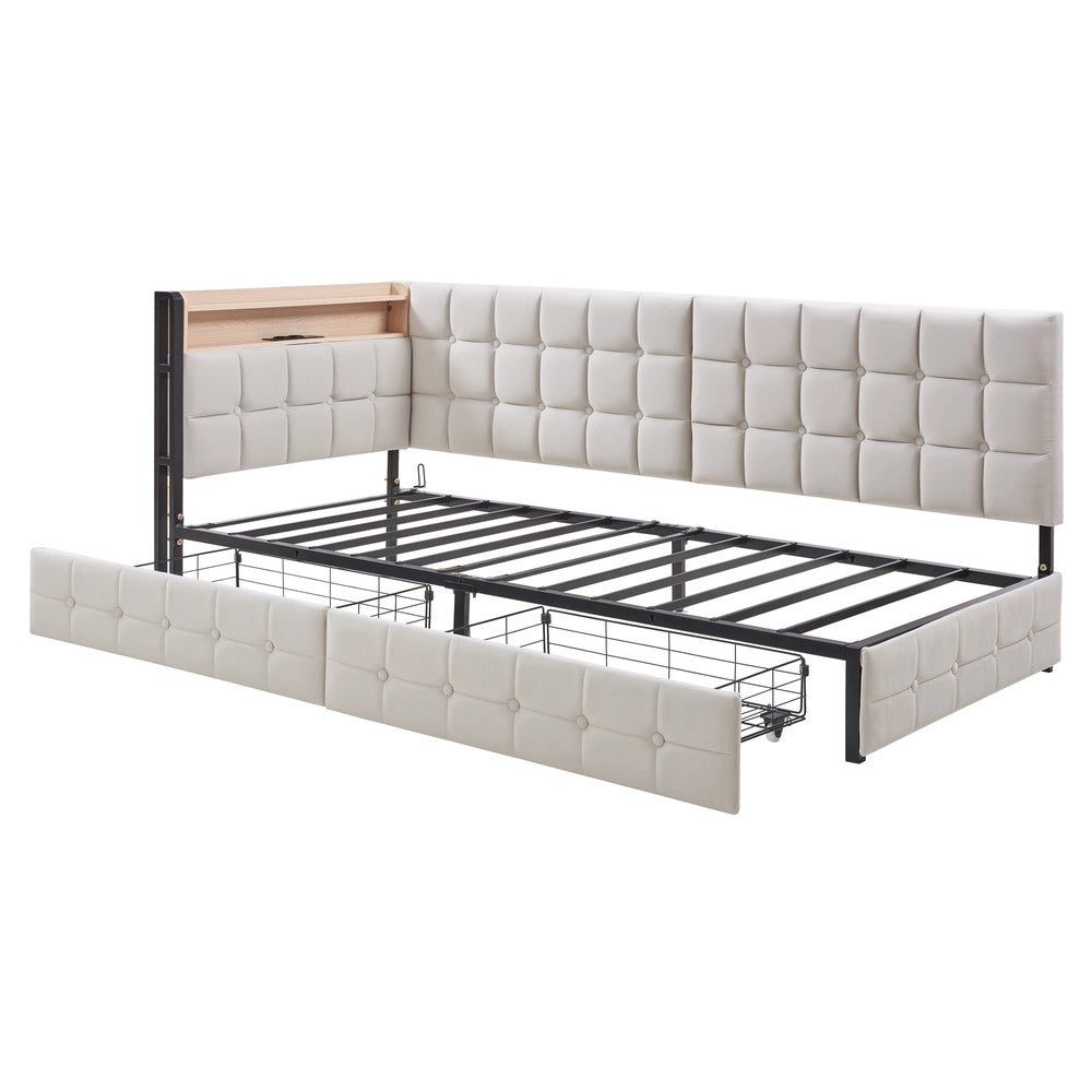 Letto Singolo Imbottito con Cassetti e LED ¨C MINIMAL ¨C Beige 90x200