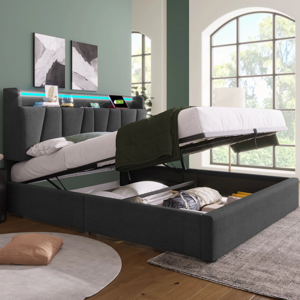 LETTO Contenitore 140x200 cm Grigio in Lino con testiera USB e LED