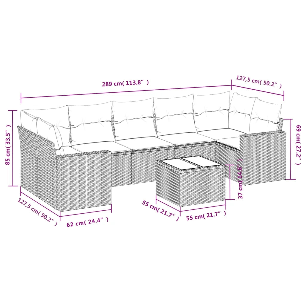 Set Divano da Giardino 8pz con Cuscini Grigio Chiaro Polyrattan