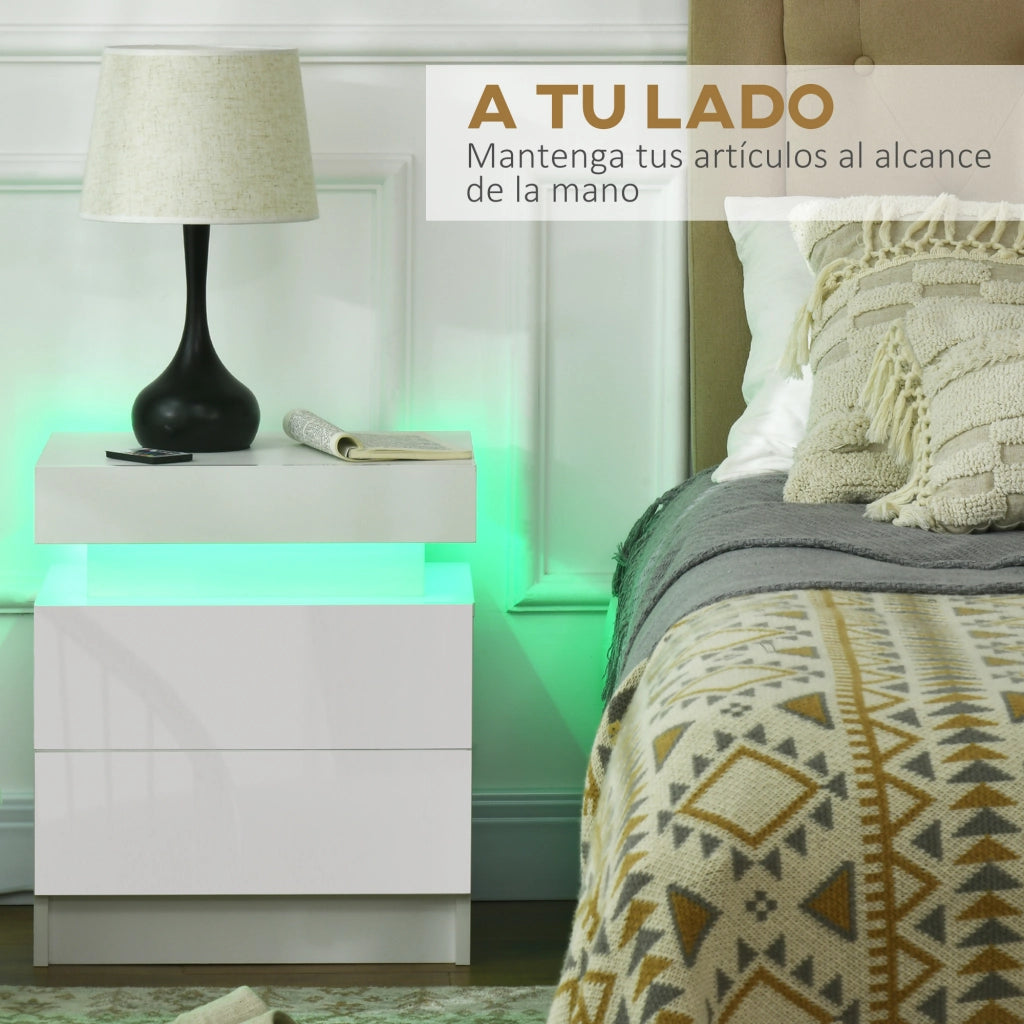 Comodino con Luci LED e 2 Cassetti ¨C Minimal ¨C Bianco Lucido 45x35x52 cm