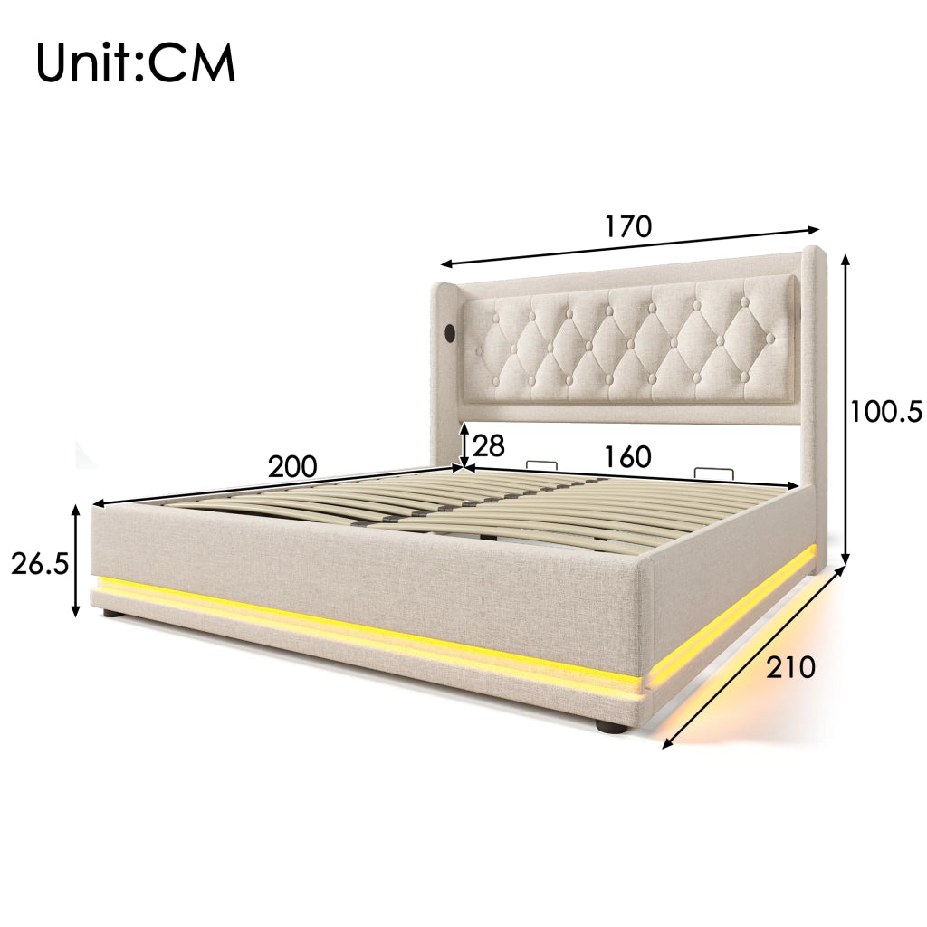 LETTO matrimoniale 160x200 cm beige in cotone con LED, USB e testiera capitonné