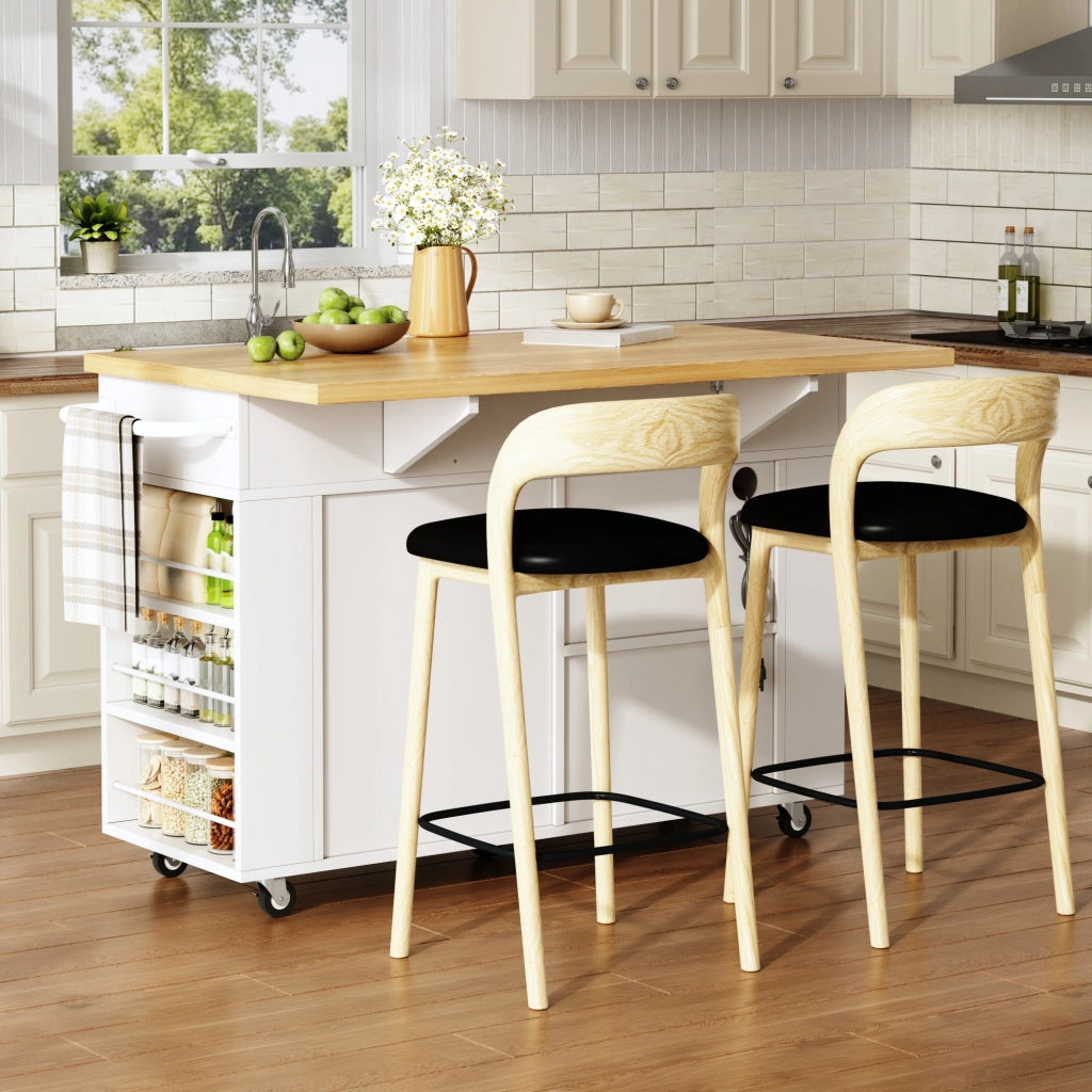 Isola da cucina mobile con piano ribaltabile; organizer estraibili e prese; legno e bianco; 120x45(70)x84 cm