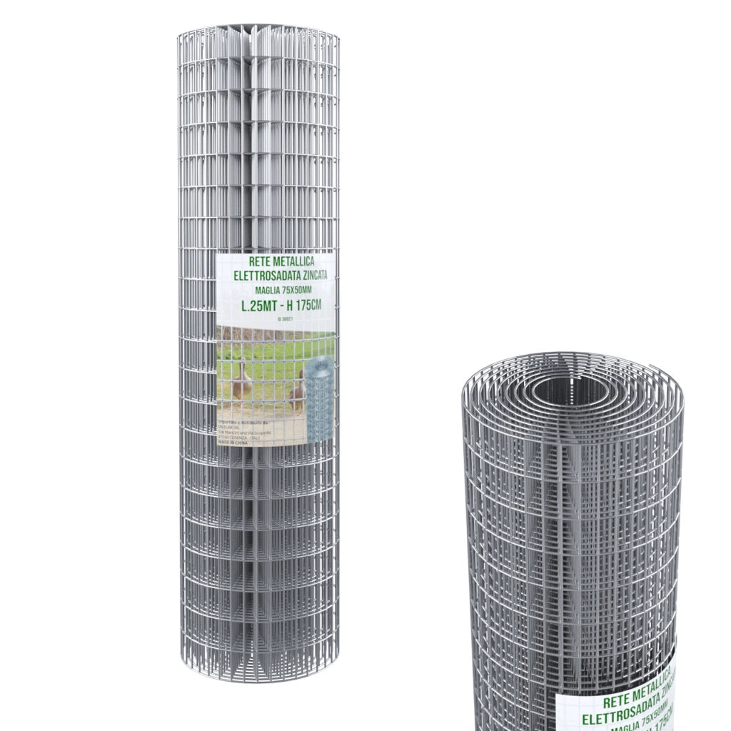 Rotolo Rete Metallica Per Recinzioni 25 M Zincata Elettrosaldata Rigida Maglia 75 x 50 mm Per Giardino Orto Piante Spazi Esterni 175 Cm