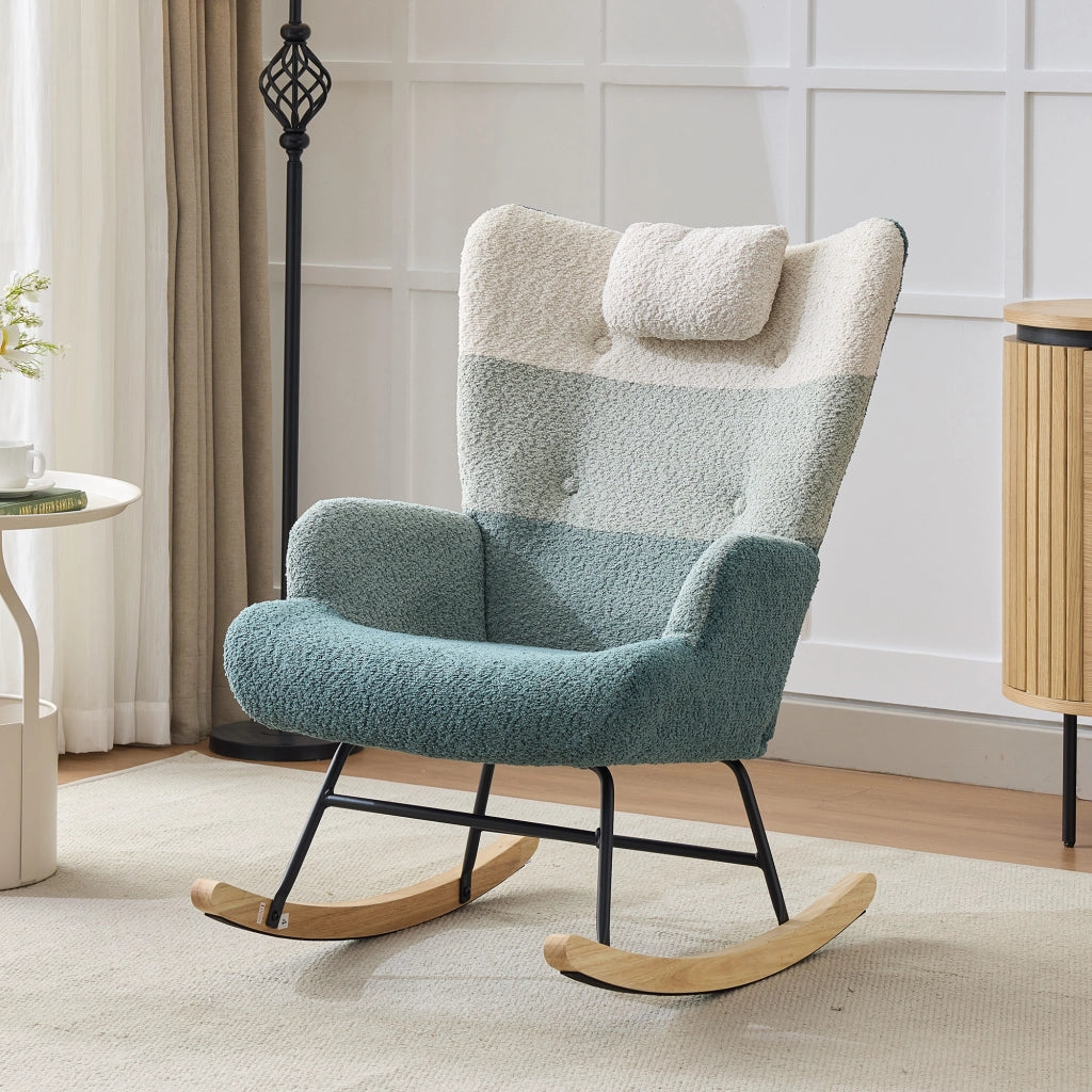 Poltrona Dondolo Boucl¨¦ con Poggiapiedi ¨C MINIMAL ¨C Patchwork, Gambe in Legno