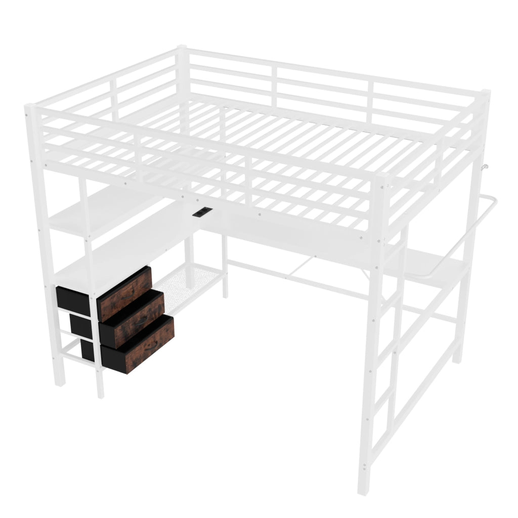 Letto a soppalco 140x200 cm con scrivania, LED, cassetti e presa USB