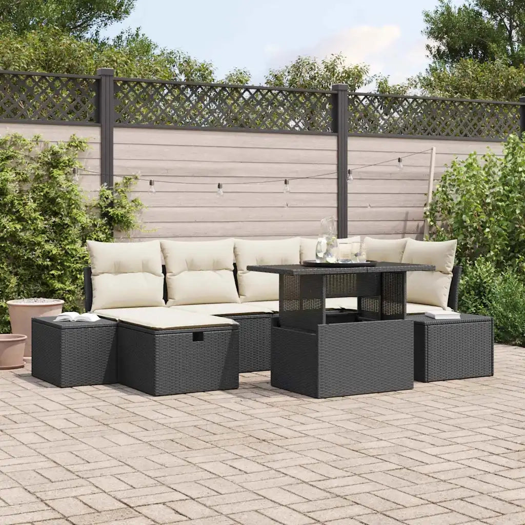 Set Divano da Giardino con cuscino 7 pcs Nero Poly Rattan